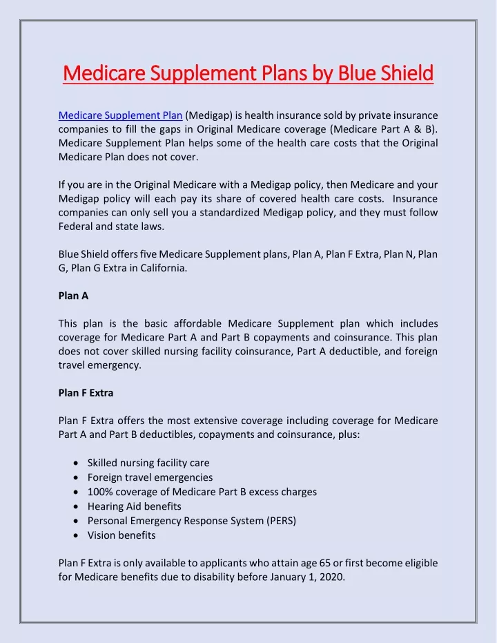medicare supplement plans by blue shield medicare