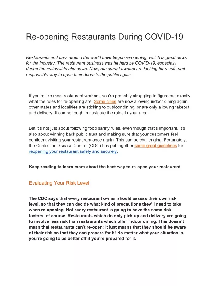 re opening restaurants during covid 19