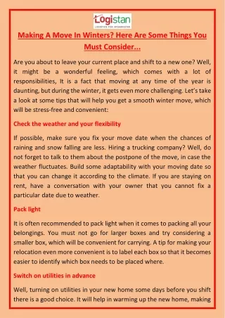 Making A Move In Winters? Here Are Some Things You Must Consider...