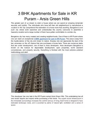 3 BHK Apartments for Sale in KR Puram - Arsis Green Hills