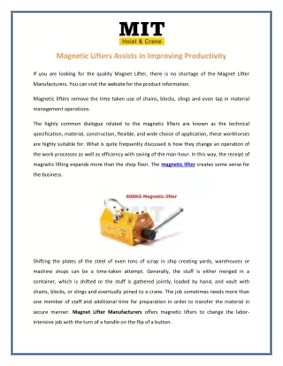 magnetic lifters assists in improving productivity