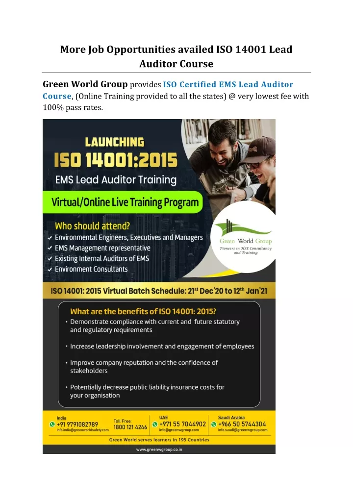 more job opportunities availed iso 14001 lead