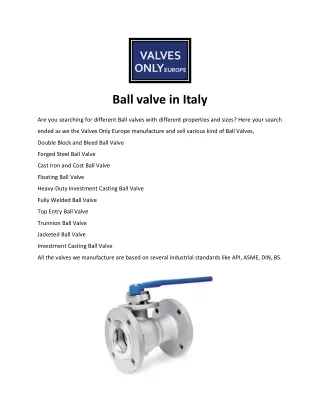 Valve manufacturer in Italy - Valves Only Europe