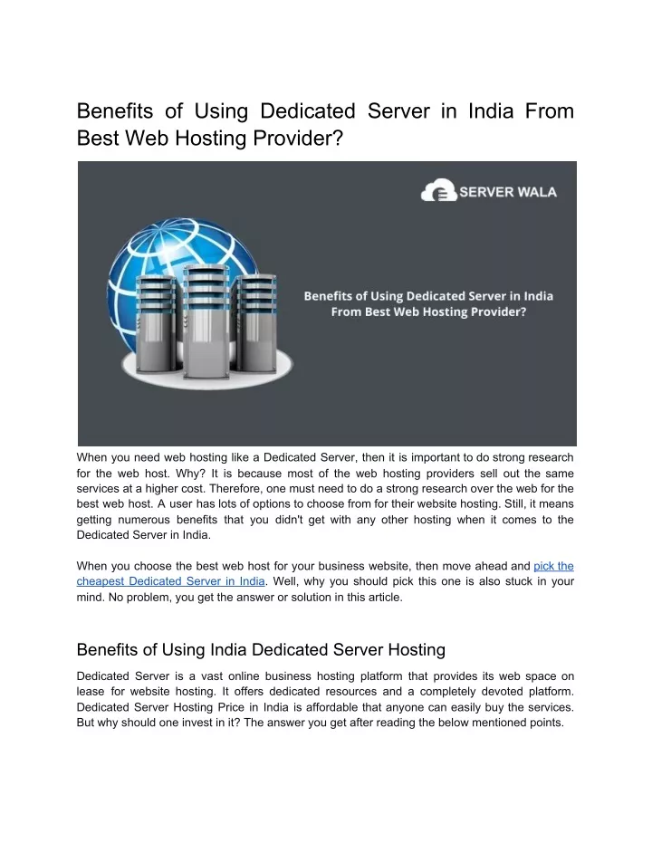 benefits of using dedicated server in india from