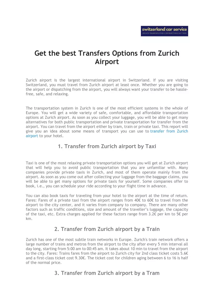 get the best transfers options from zurich airport