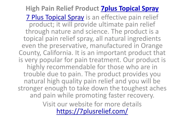 high pain relief product 7plus topical spray