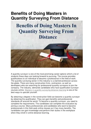 Benefits of Doing Masters in Quantity Surveying From Distance