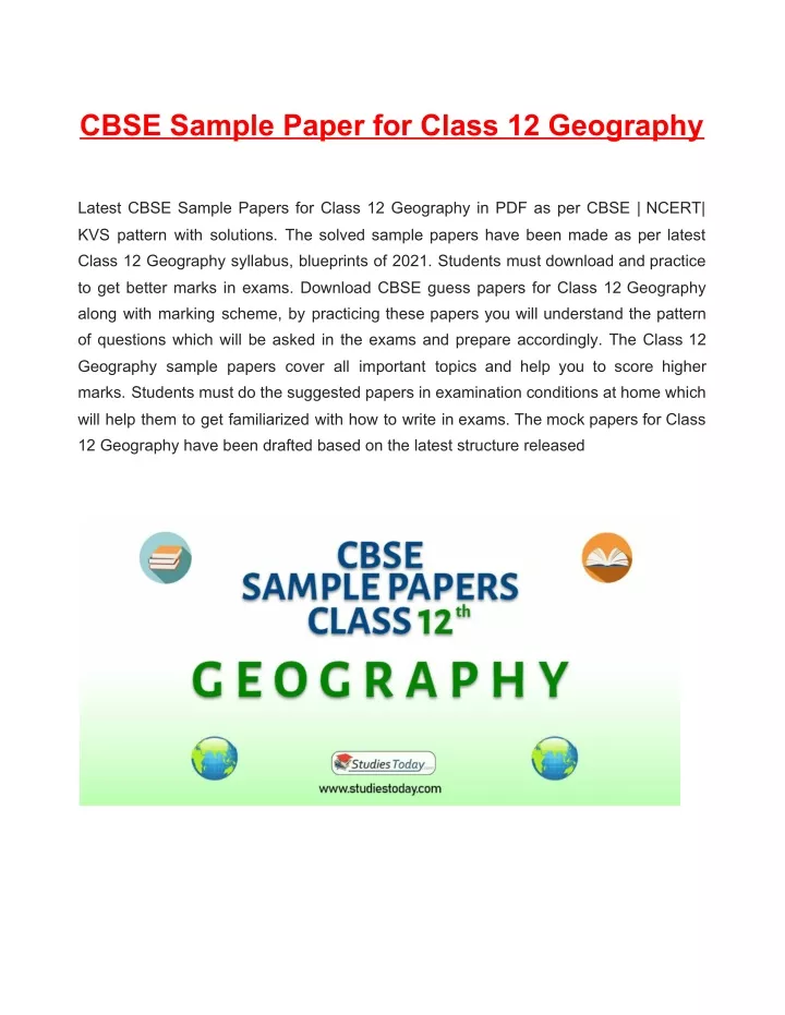 cbse sample paper for class 12 geography latest