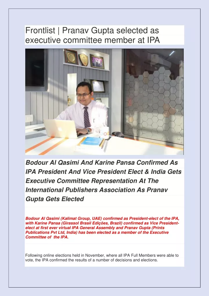 frontlist pranav gupta selected as executive