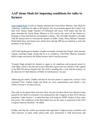 aap slams shah for imposing conditions for talks