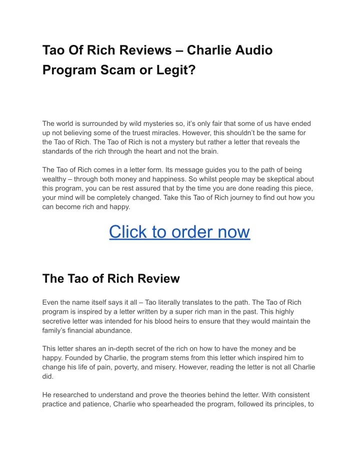 tao of rich reviews charlie audio program scam