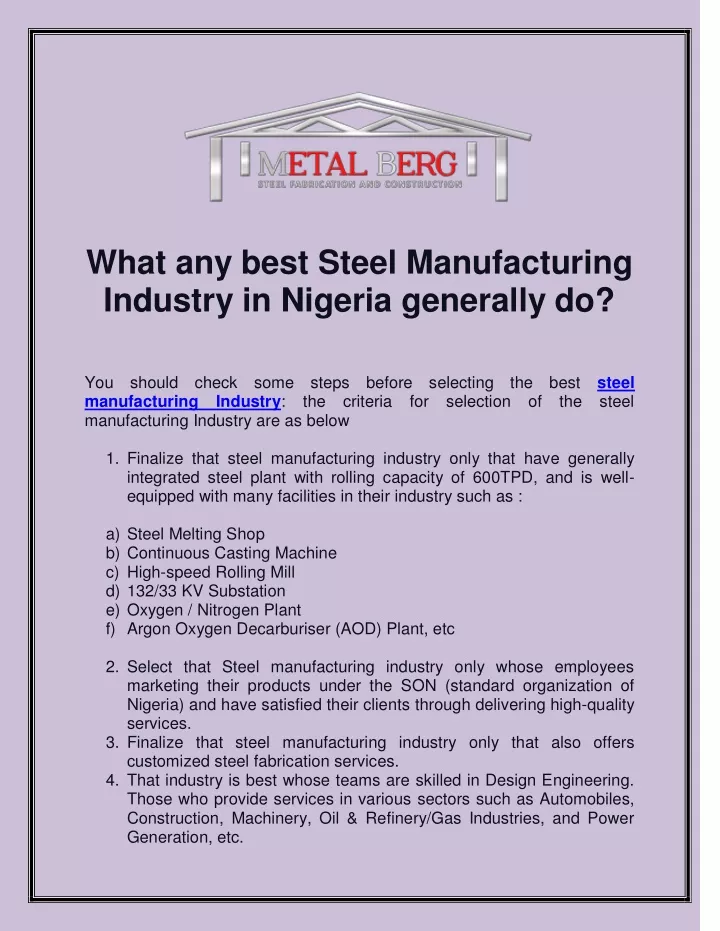 what any best steel manufacturing industry