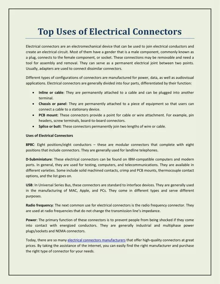 top uses of electrical connectors