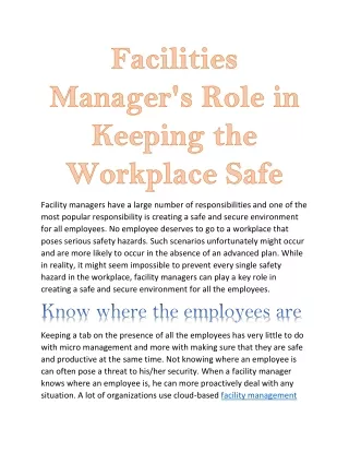 Facilities Manager's Role in Keeping the Workplace Safe