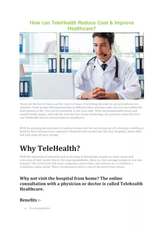 How can TeleHealth Reduce Cost & Improve Healthcare?