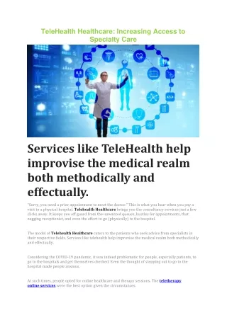TeleHealth Healthcare: Increasing Access to Specialty Care