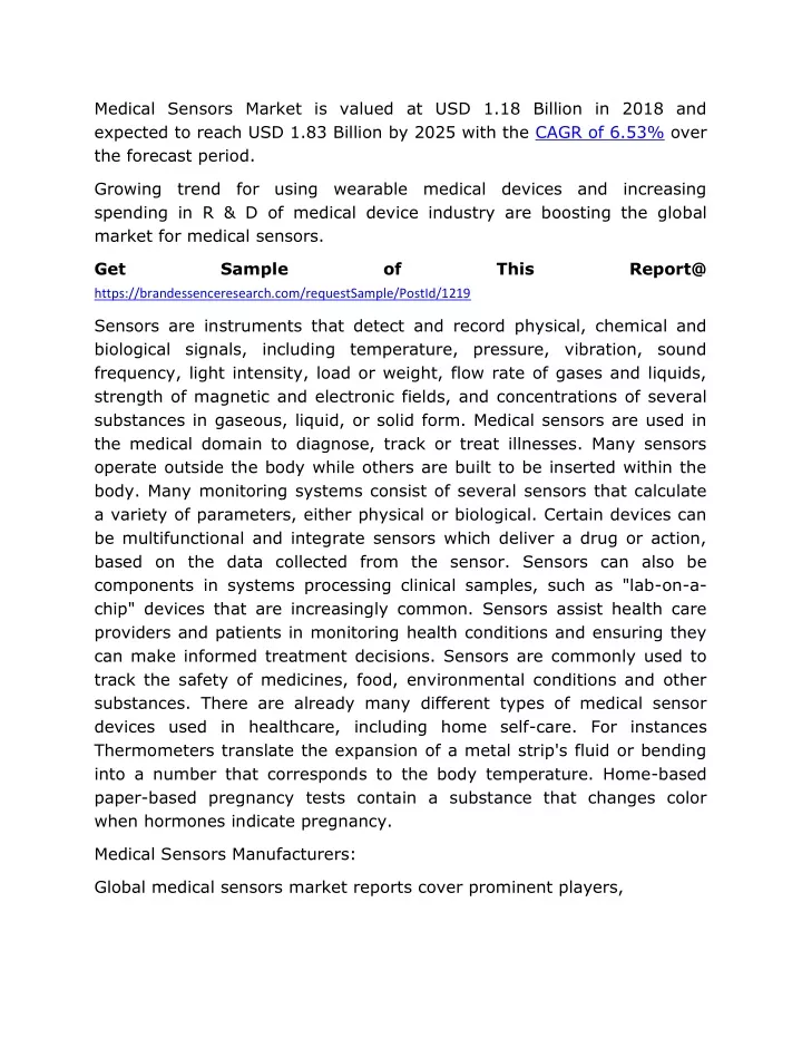 medical sensors market is valued