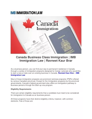 Canada Business Class Immigration | IMB Immigration Law | Ravneet Kaur Brar