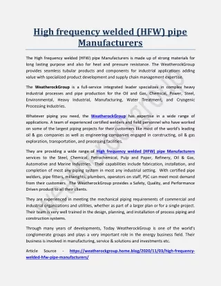 High frequency welded (HFW) pipe Manufacturers