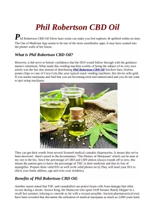 Phil Robertson CBD Oil Reviews "Where to Buy" Benefits & Side Effects (Website)!