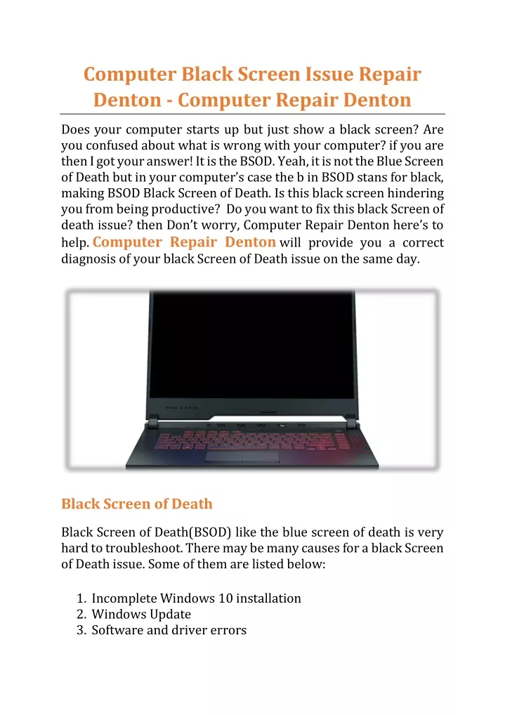 computer black screen issue repair denton