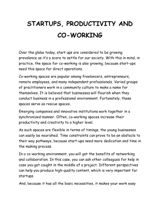 STARTUPS, PRODUCTIVITY AND  CO-WORKING