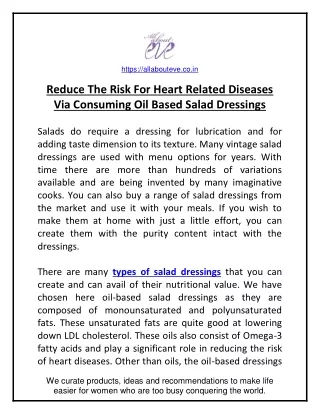 Reduce The Risk For Heart Related Diseases Via Consuming Oil Based Salad Dressings
