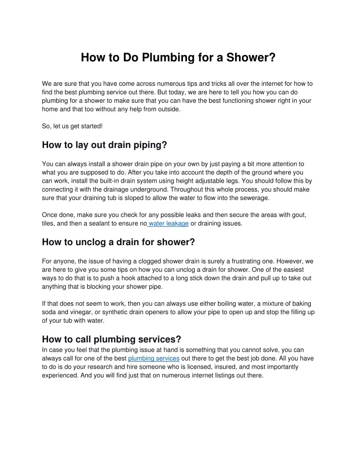 how to do plumbing for a shower