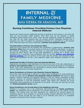 Nursing Practitioner Providing Primary Care Physician Internal Medicine
