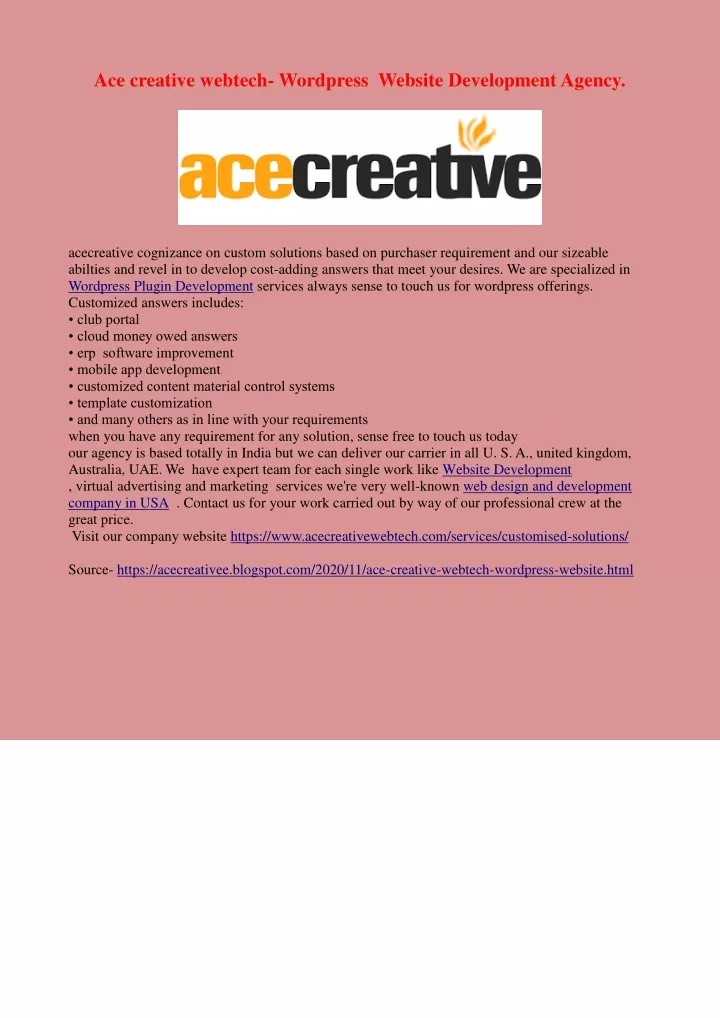ace creative webtech wordpress website