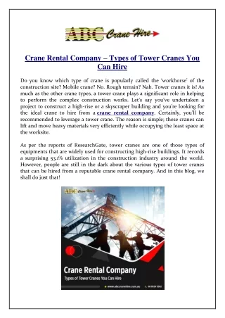 Crane Rental Company - Types of Tower Cranes You Can Hire