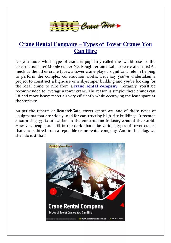 crane rental company types of tower cranes