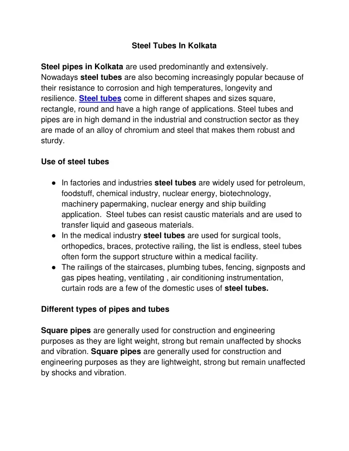 steel tubes in kolkata