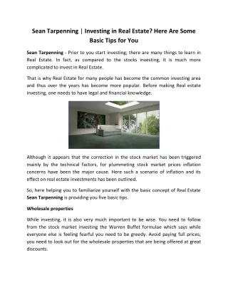 Essential Tips for Investing in Real Estate by Sean Tarpenning