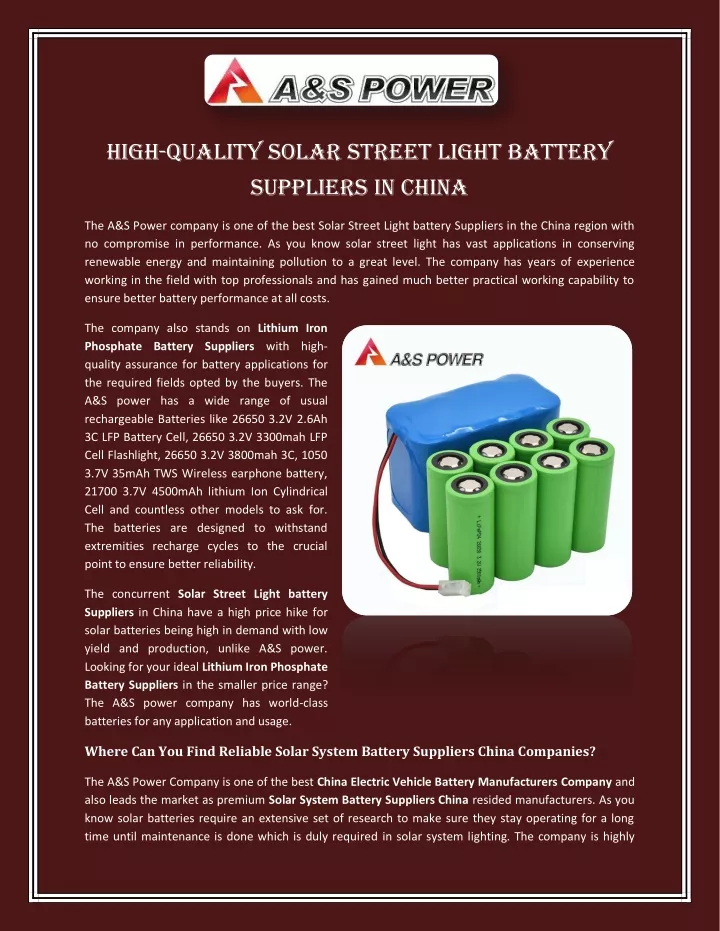 high quality solar street light battery suppliers