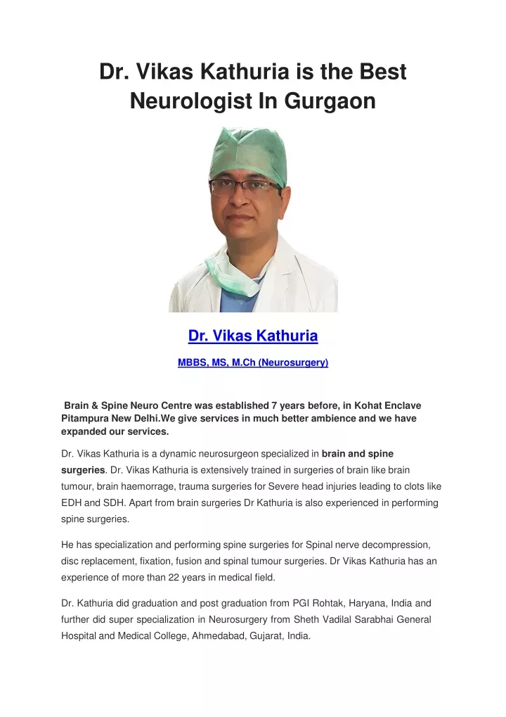 dr vikas kathuria is the best neurologist in gurgaon