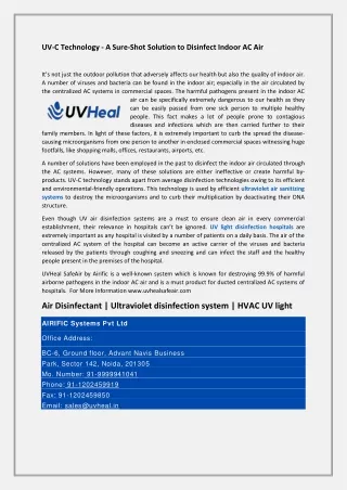UV Air Disinfection Systems - UVheal Safeair