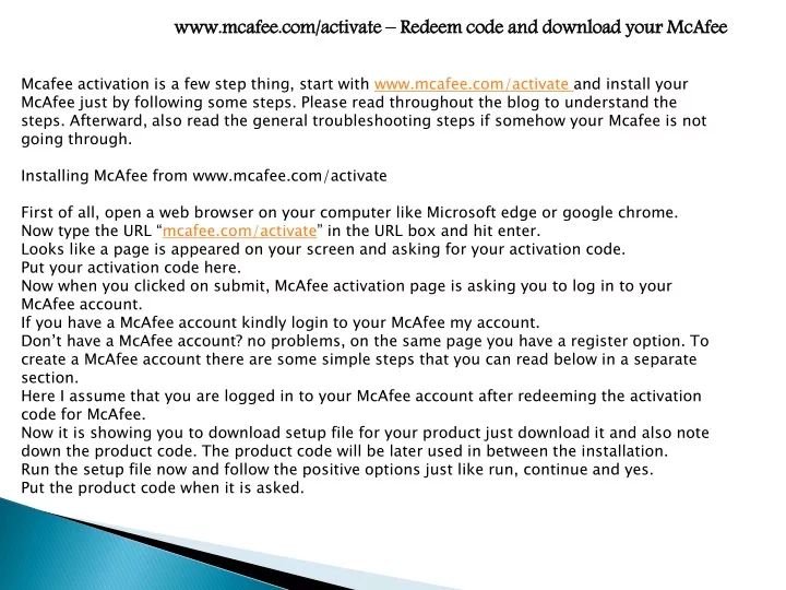 www mcafee com activate redeem code and download