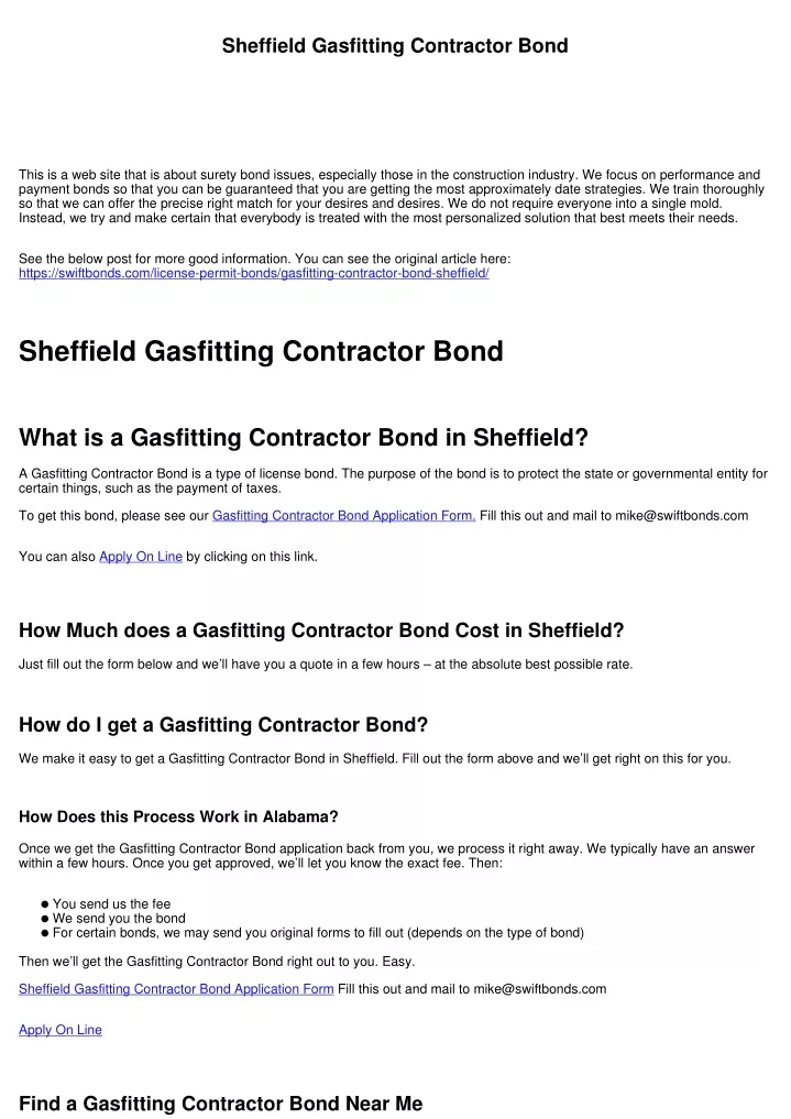 sheffield gasfitting contractor bond