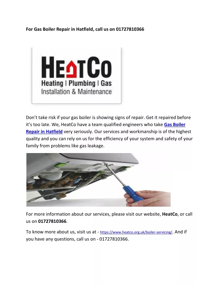 for gas boiler repair in hatfield call