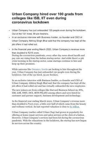 urban company hired over 100 grads from colleges