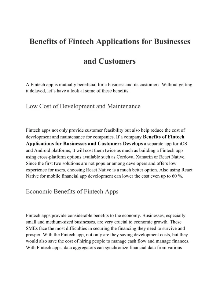 benefits of fintech applications for businesses