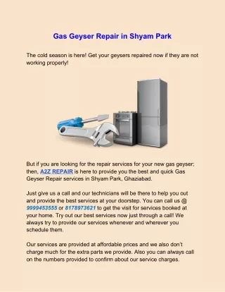 Gas Geyser Repair in Shyam Park, Ghaziabad