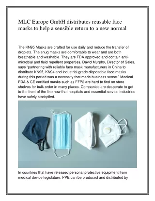 MLC Europe GmbH distributes reusable face masks to help a sensible return to a new normal