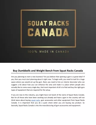 Buy Dumbbells and Weight Bench from Squat Racks Canada