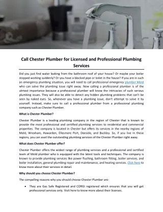 Call Chester Plumber for Licensed and Professional Plumbing Services