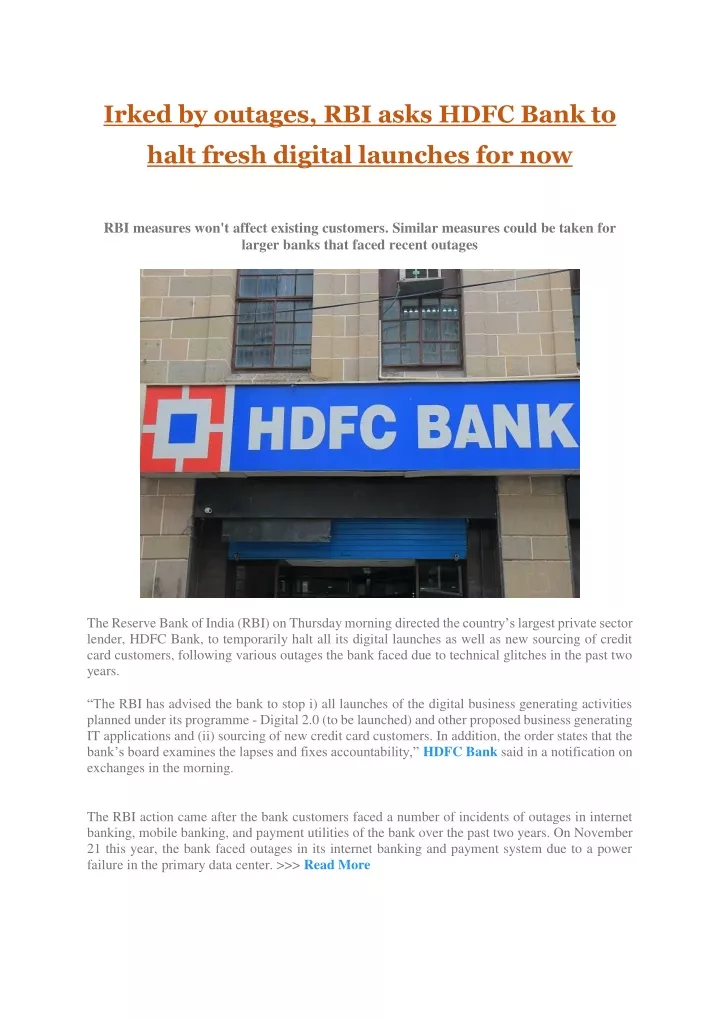 irked by outages rbi asks hdfc bank to
