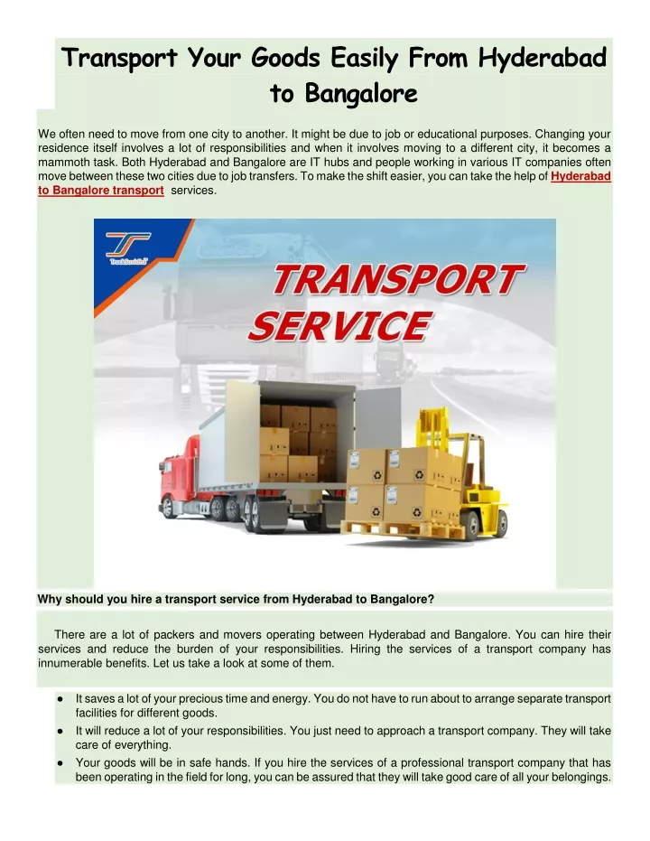 transport your goods easily from hyderabad
