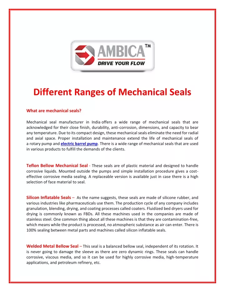 different ranges of mechanical seals