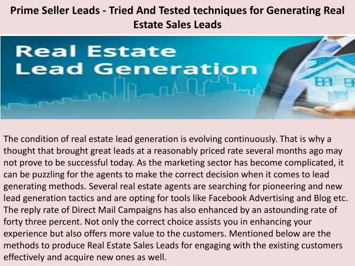 prime seller leads tried and tested techniques for generating real estate sales leads
